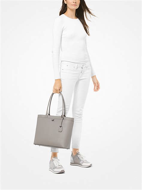 maddie large crossgrain leather tote michael kors pearl gray|Michael Michael Kors Maddie Large Crossgrain Leather Tote .